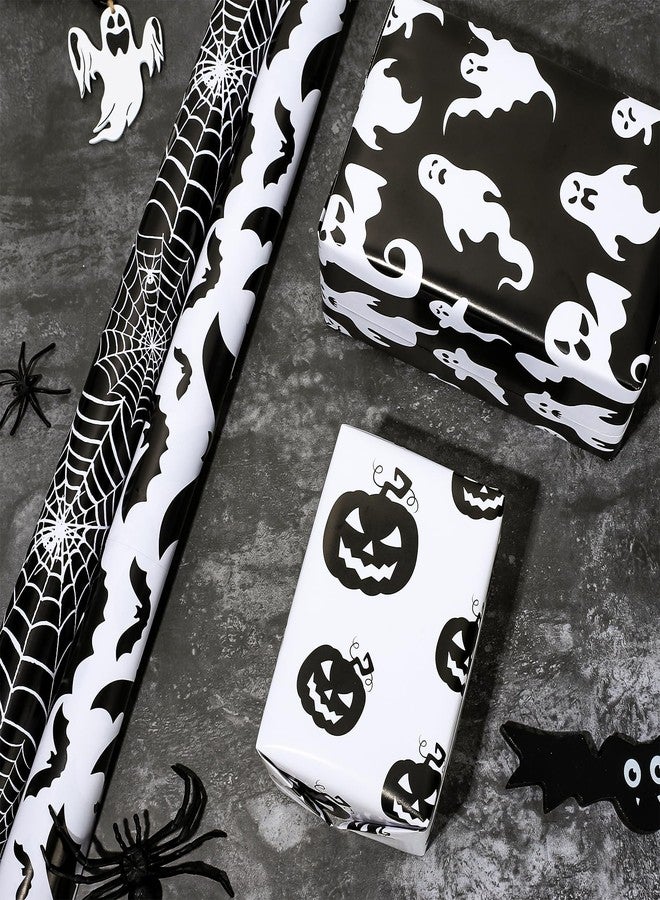 Whaline 12 Sheet Halloween Wrapping Paper Black White Pumpkin Ghost Spider Web Pattern Folded Flat Gift Wrap Paper 4 Design Art Paper for Halloween Party DIY Craft Gift Packing, 19.7 x 27.6 Inch - Image 5